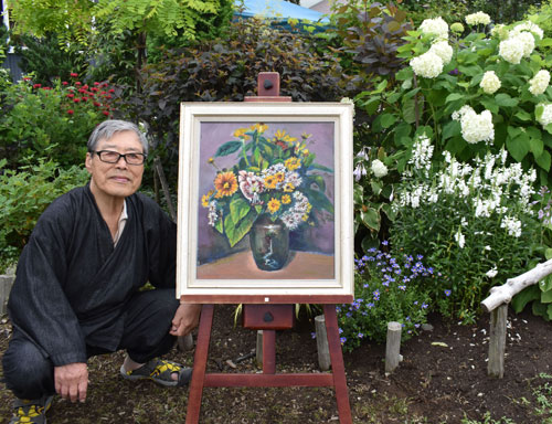 白や赤い花色鮮やか 故崎地さん油絵展(2021-08-06)