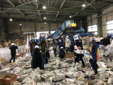 古紙の中からリサイクルできないビニールなどを取り除く作業を体験する児童ら