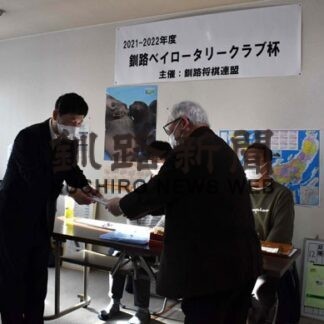 釧路ベイＲＣ杯で将棋連盟にマスクなど寄贈(2021-12-26)