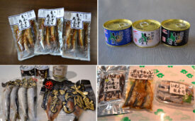 左上から時計回りに、おが和の「生姜煮」、マルハニチロ北日本で製造する３種類の缶詰、小町園で販売している商品、マルサ笹谷商店の各種商品