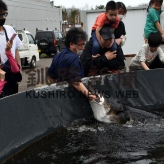 サケ稚魚放流、「腕ガブ」ショーも(2023-05-05)